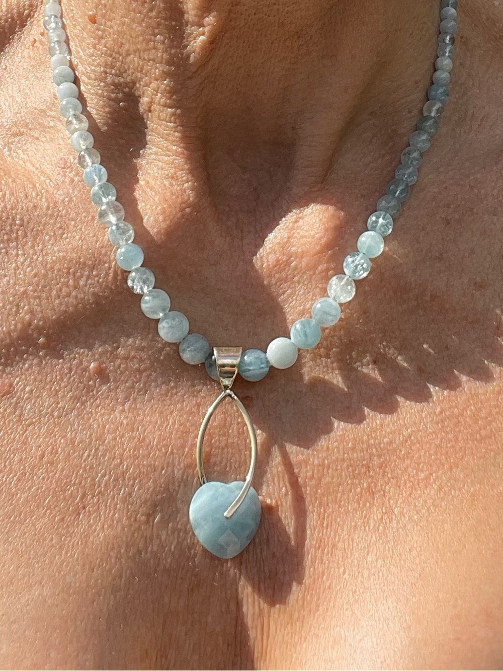 Jay King Aquamarine beads with aquamarine heart and sterling silver necklace